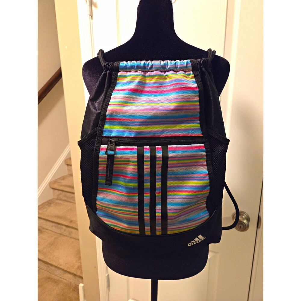 adidas Medium Polyester Drawstring Gym Bag Black Multicolor Striped Zip Pocket